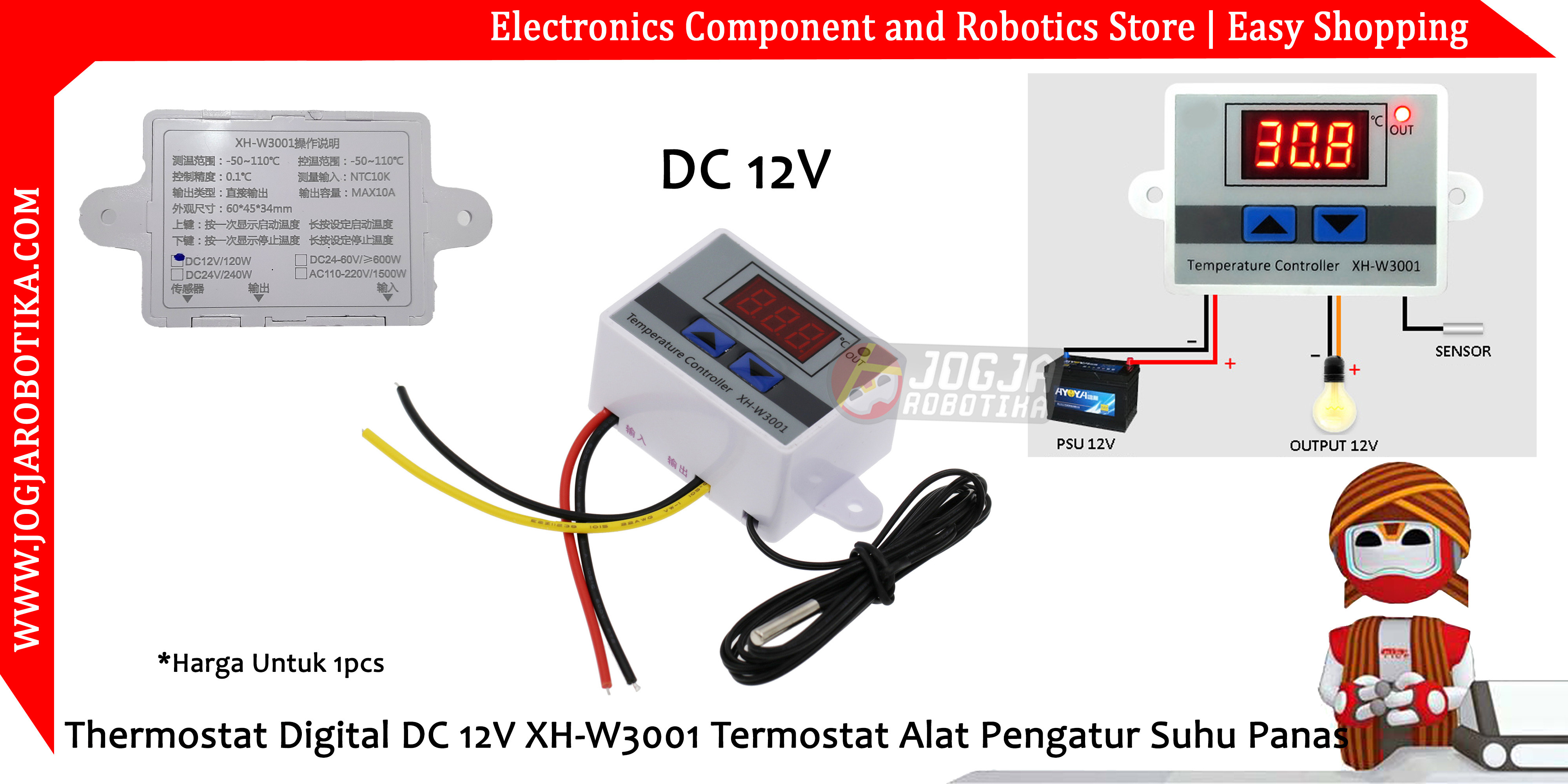 Thermostat Digital DC 12V XH-W3001 Termostat Alat Pengatur Suhu Panas