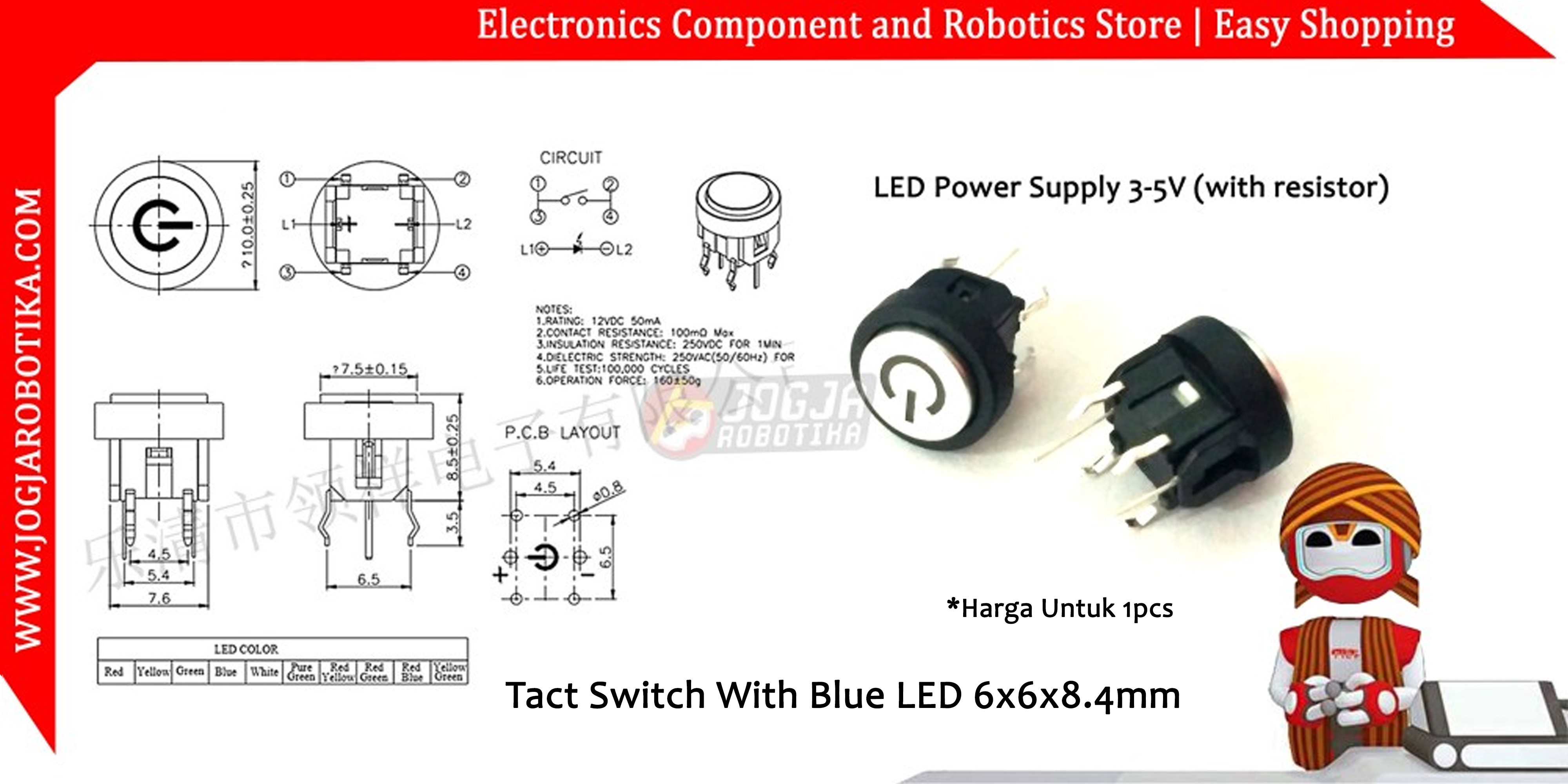 Tact Switch With Blue LED 6x6x8.4mm