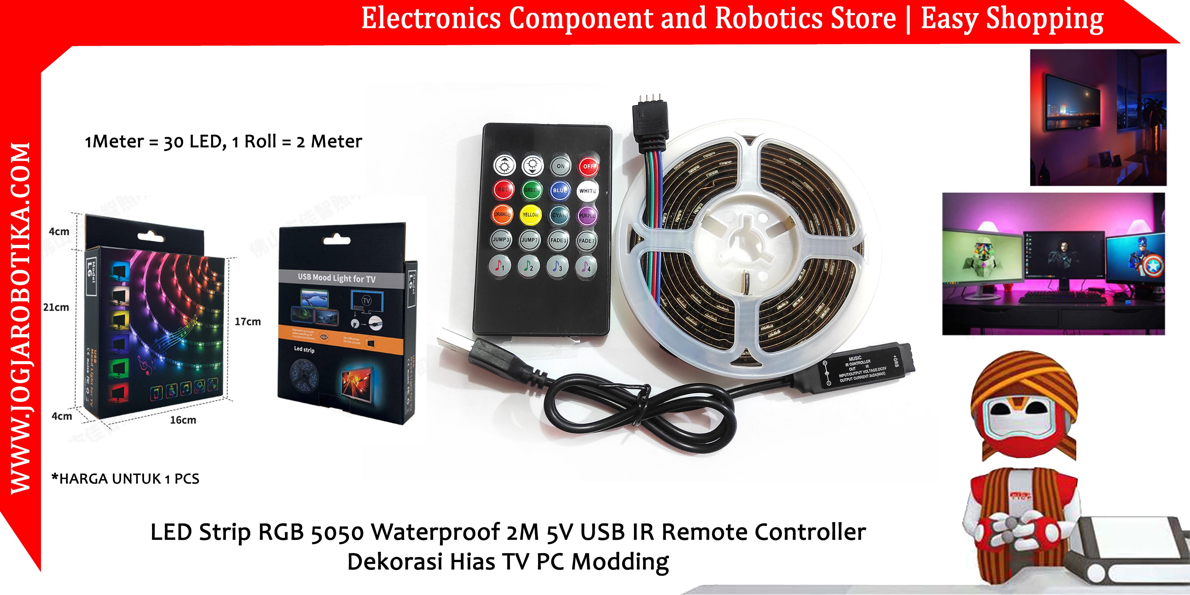 LED Strip RGB 5050 Waterproof 2M 5V USB IR Remote Controller Dekorasi Hias TV PC Modding
