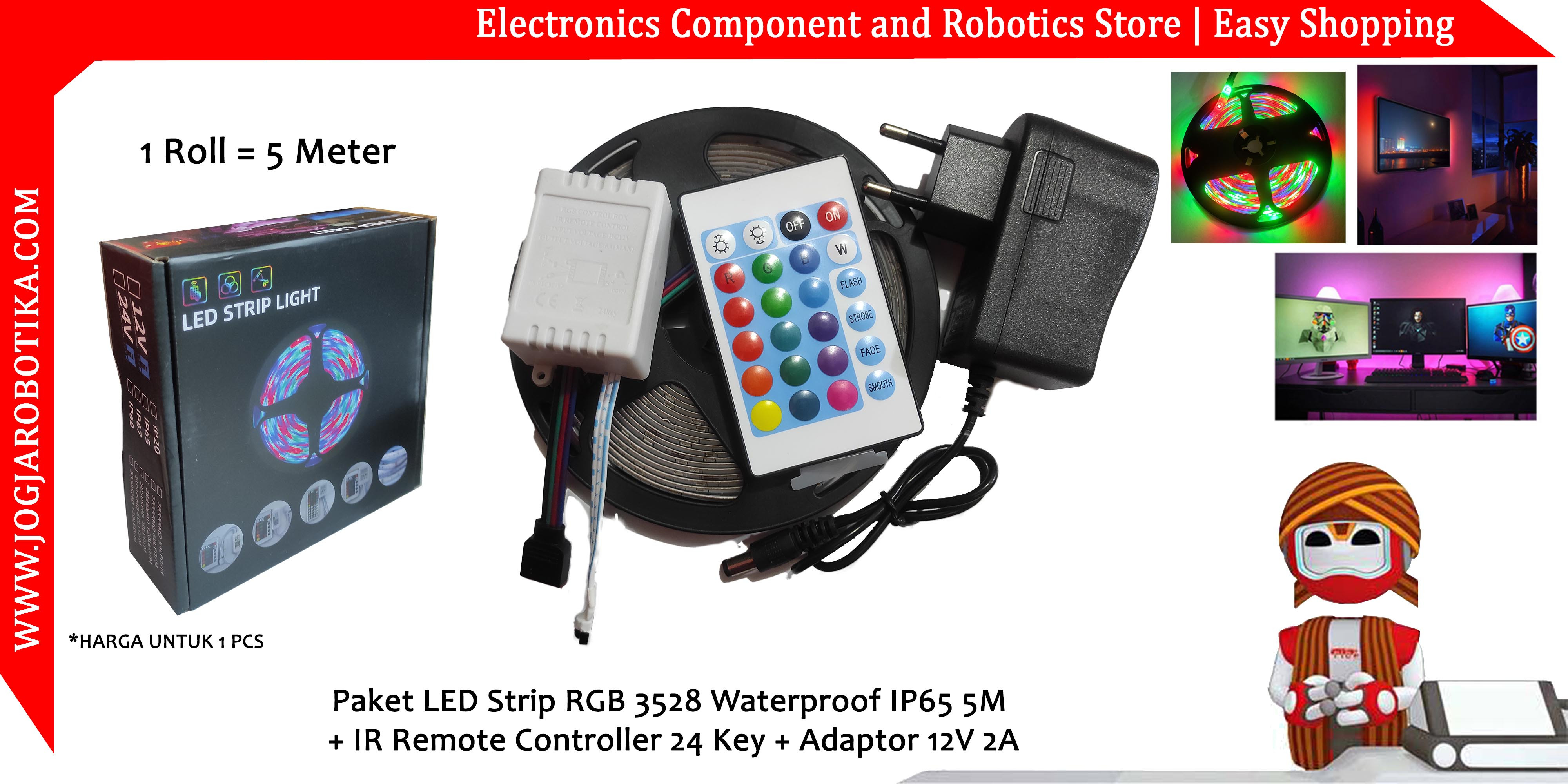 Paket LED Strip RGB 3528 Waterproof IP65 5M + IR Remote Controller 24 Key + Adaptor 12V 2A