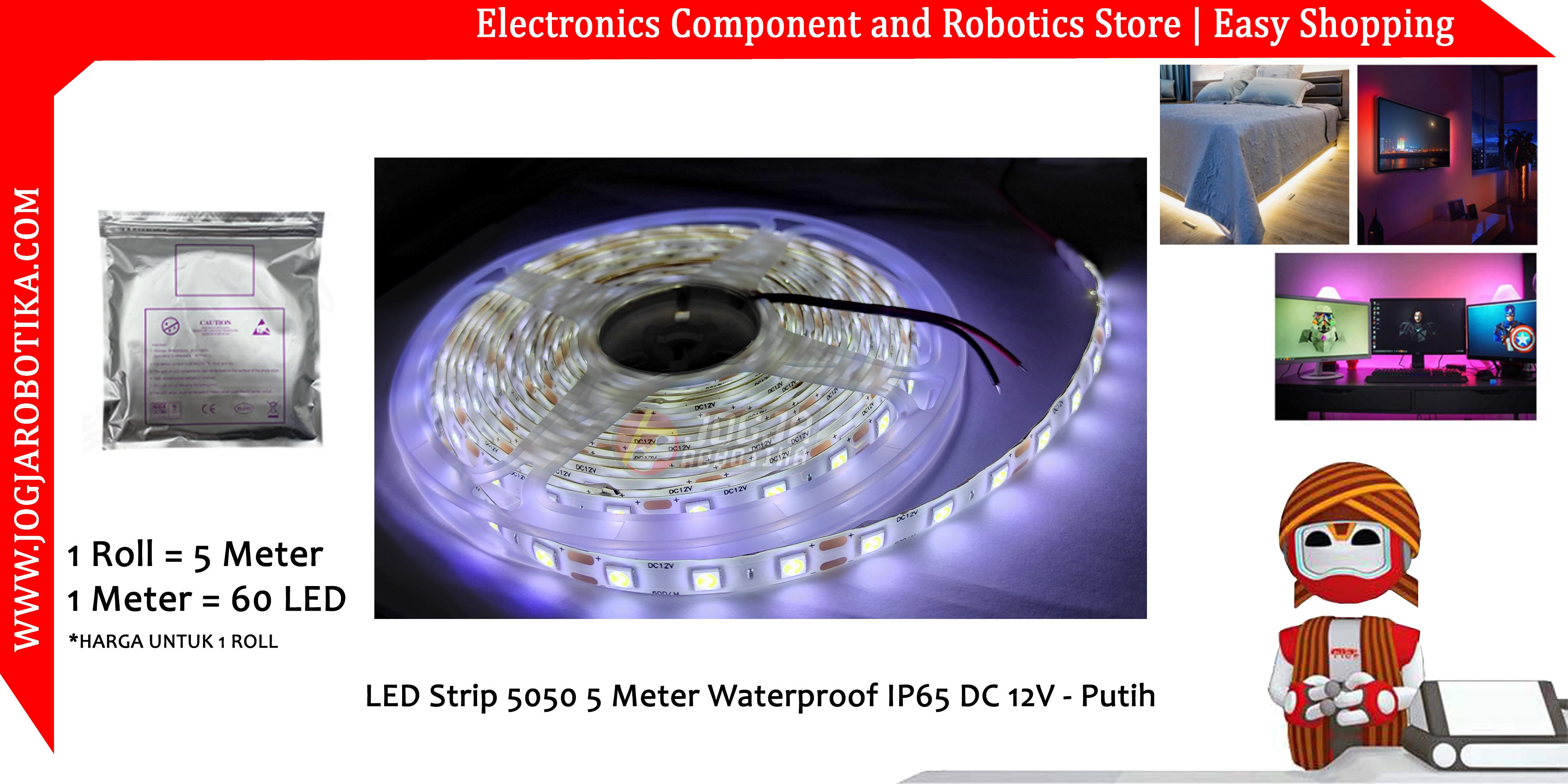 LED Strip White 5050 5 Meter Waterproof IP65 DC 12V - Putih