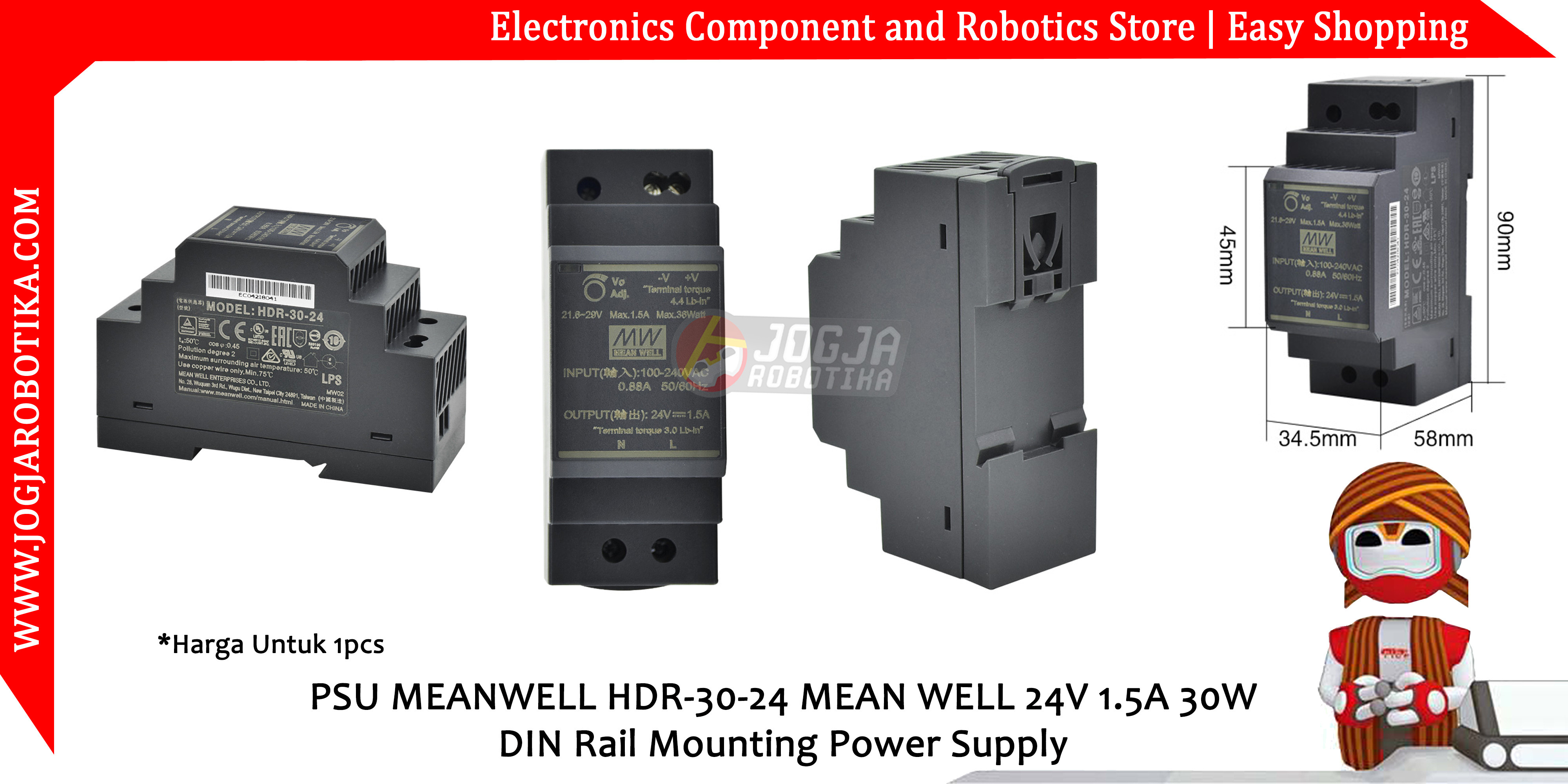PSU MEANWELL HDR-30-24 MEAN WELL 24V 1.5A 30W DIN Rail Mounting Power Supply