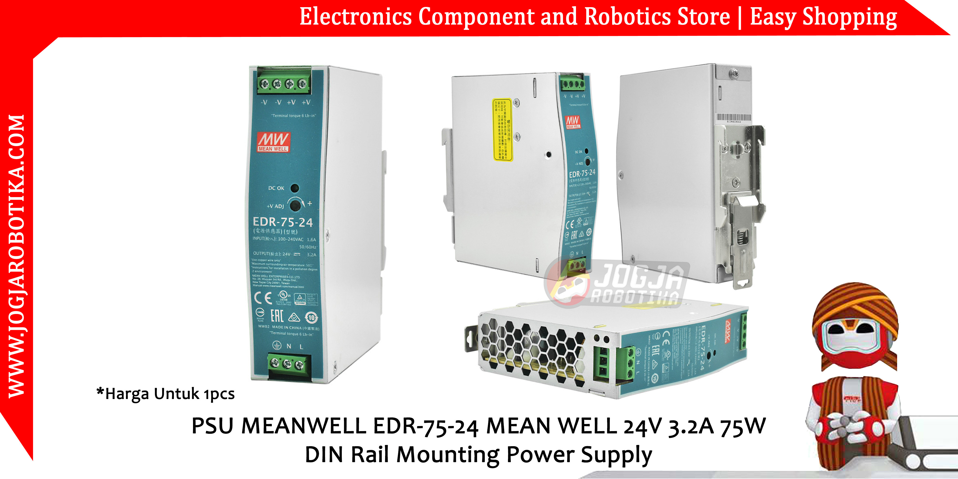 PSU MEANWELL EDR-75-24 MEAN WELL 24V 3.2A 75W DIN Rail Mounting Power Supply