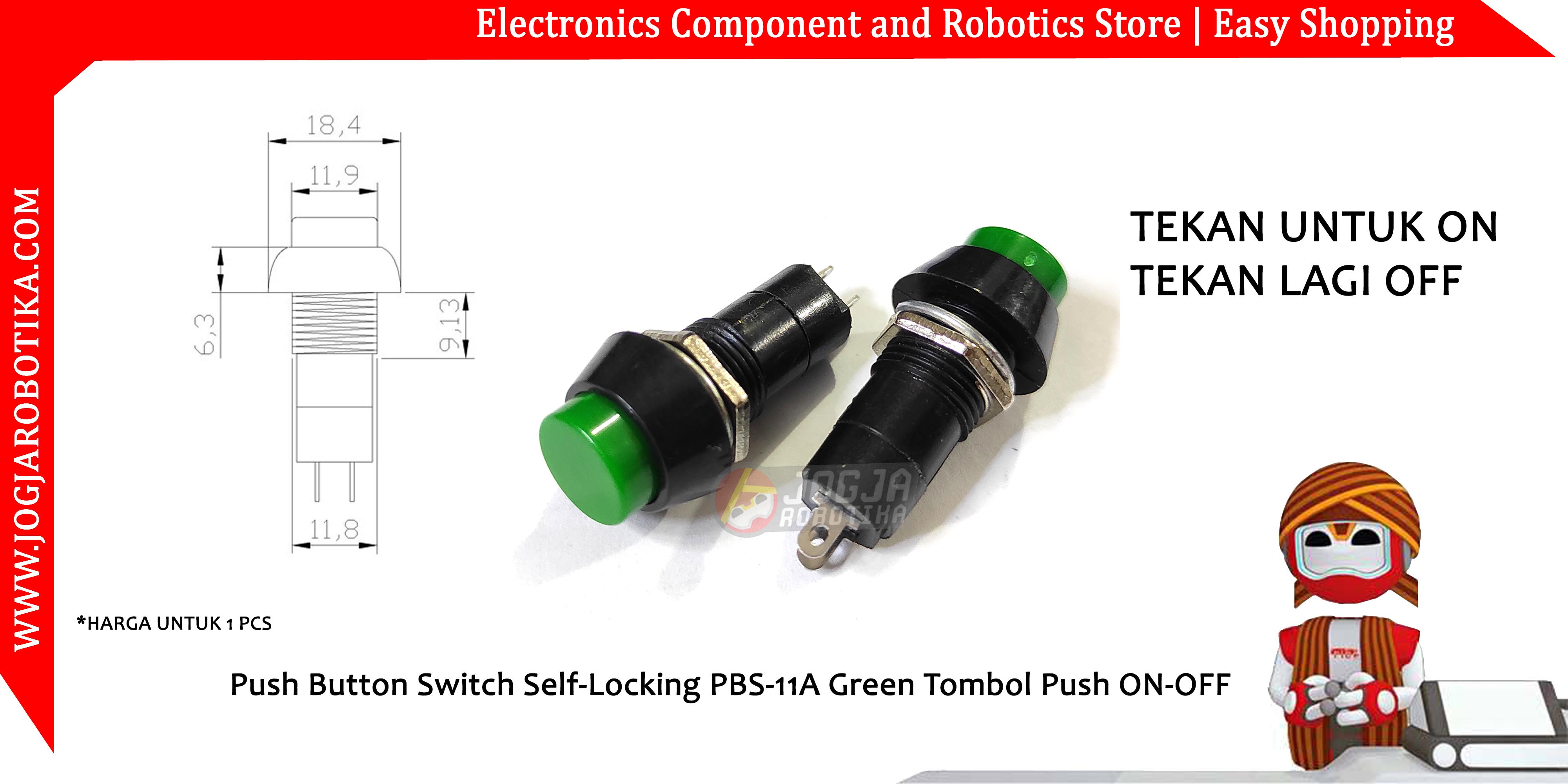 Push Button Switch Self-Locking PBS-11A Green Tombol Push ON-OFF