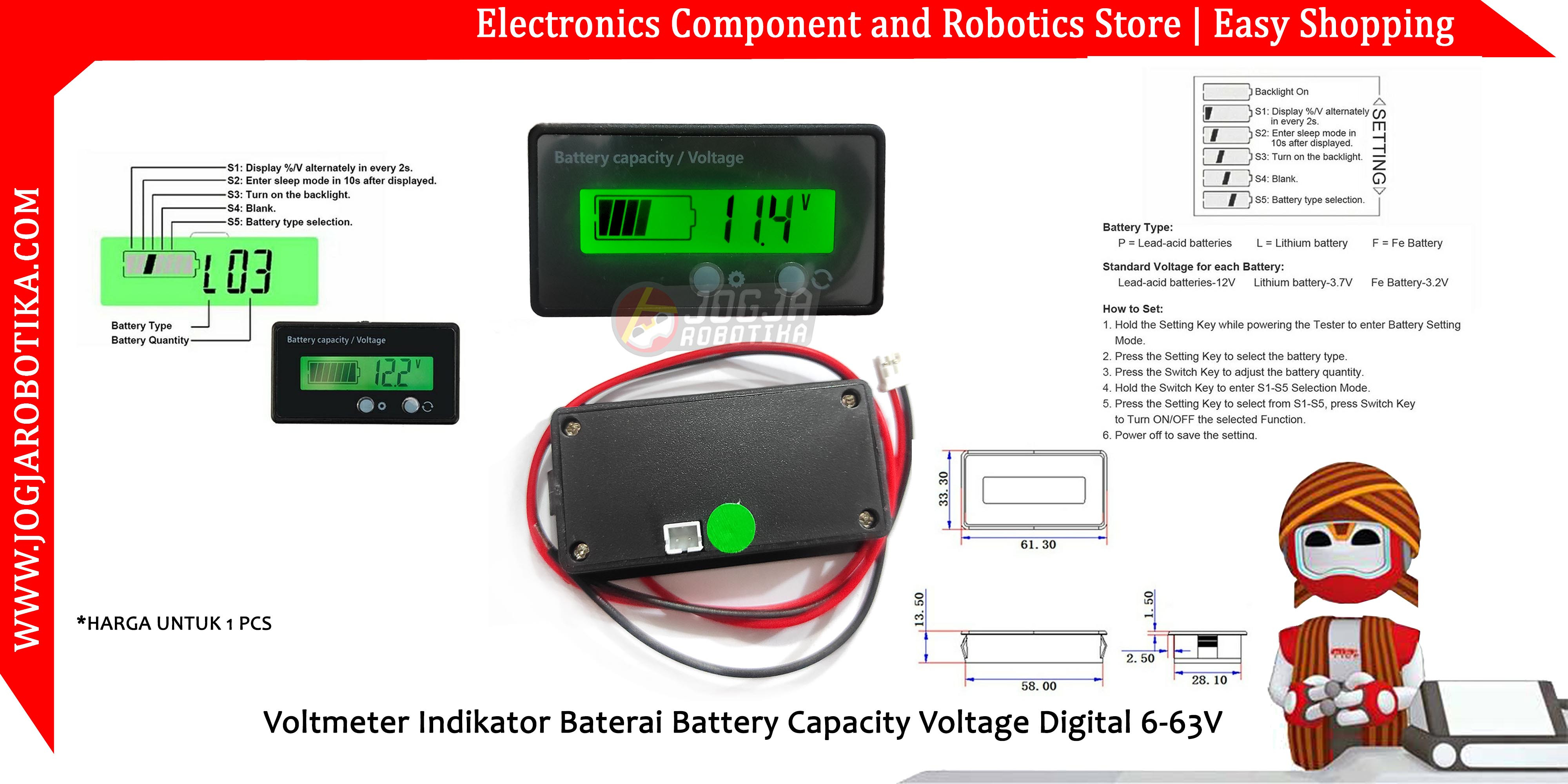 Voltmeter Indikator Baterai Battery Capacity Voltage Digital 6-63V