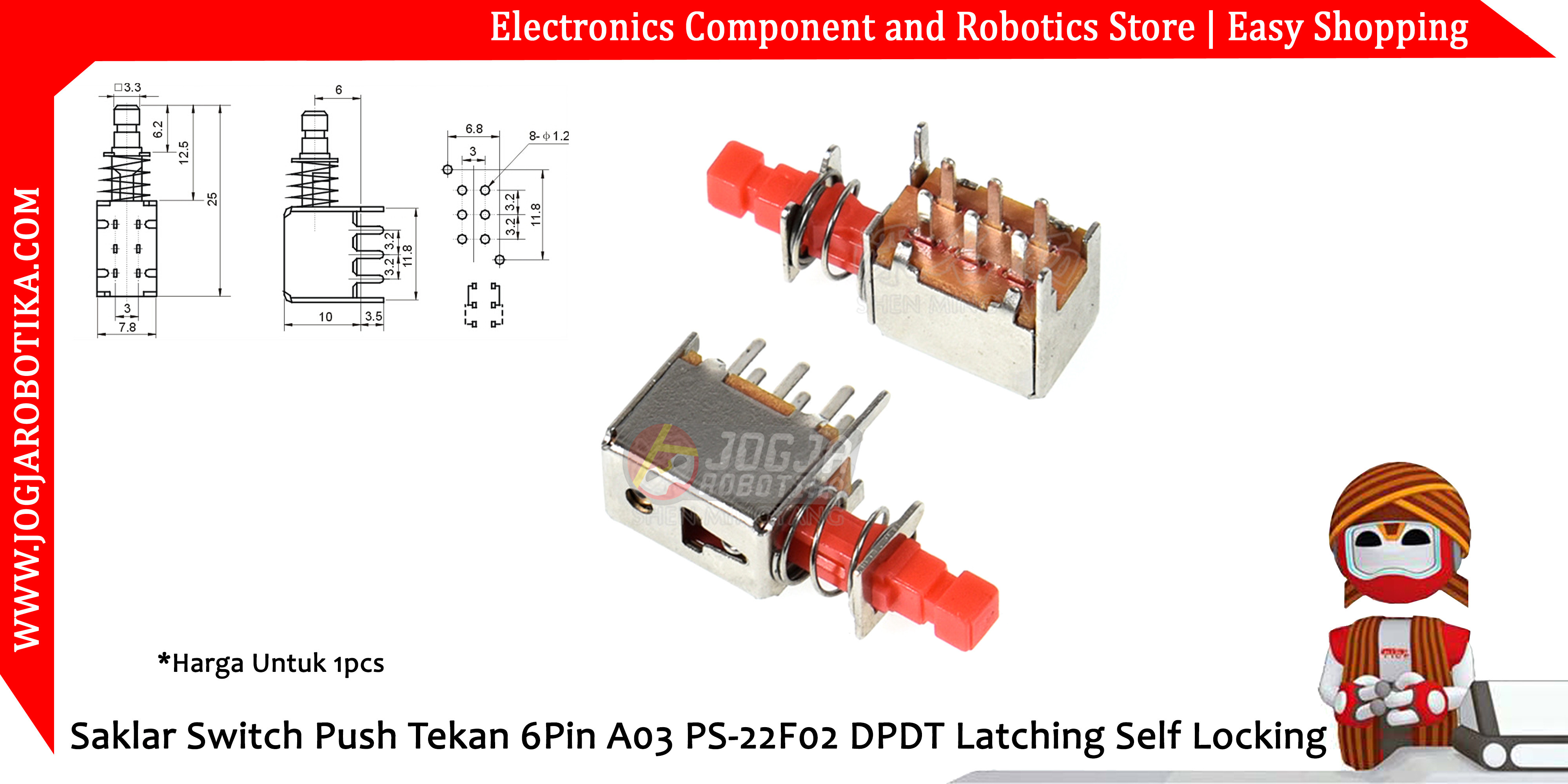Saklar Switch Push Tekan 6Pin A03 PS-22F02 DPDT Latching Self Locking