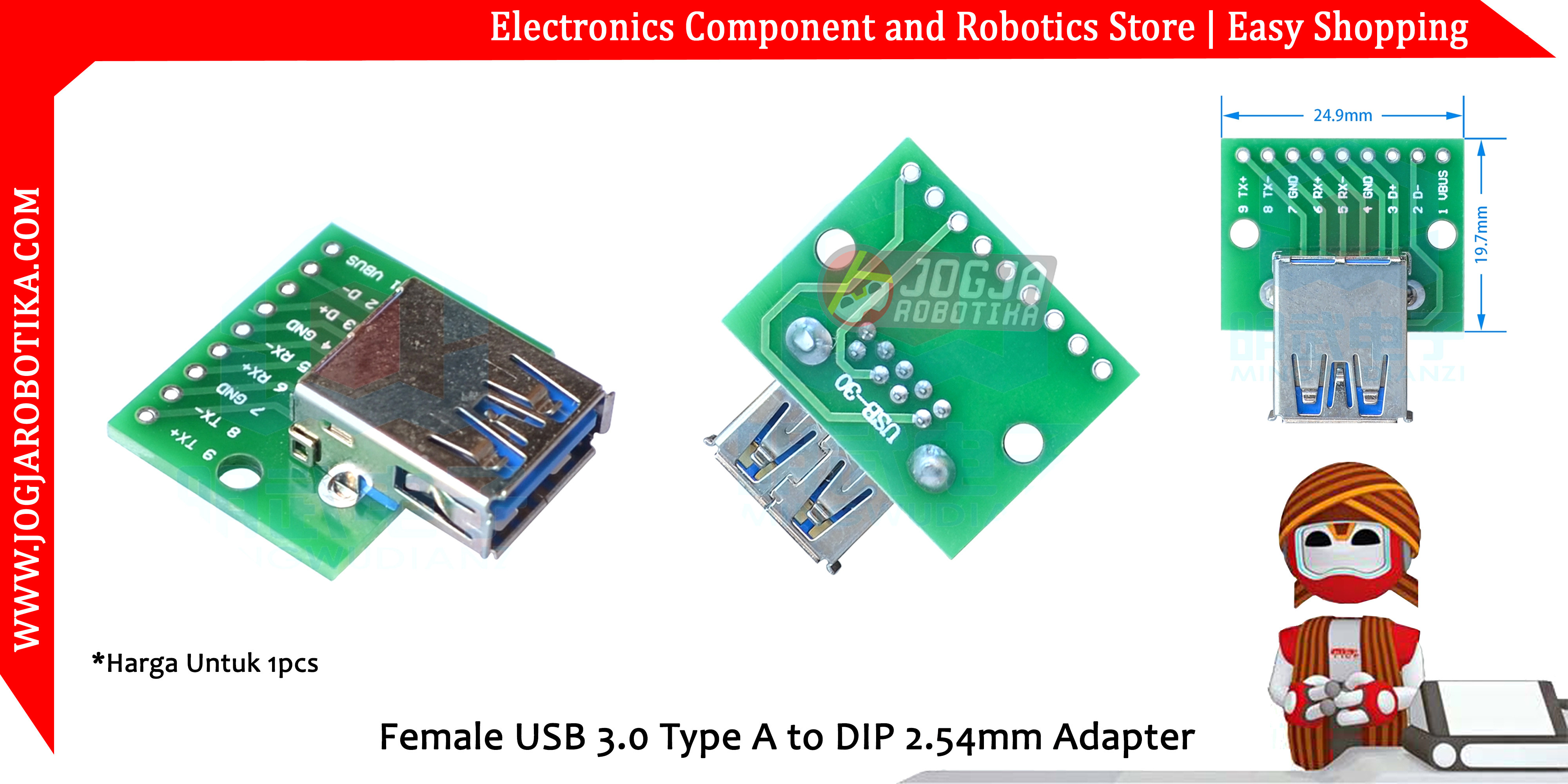 Female USB 3.0 Type A to DIP 2.54mm Adapter