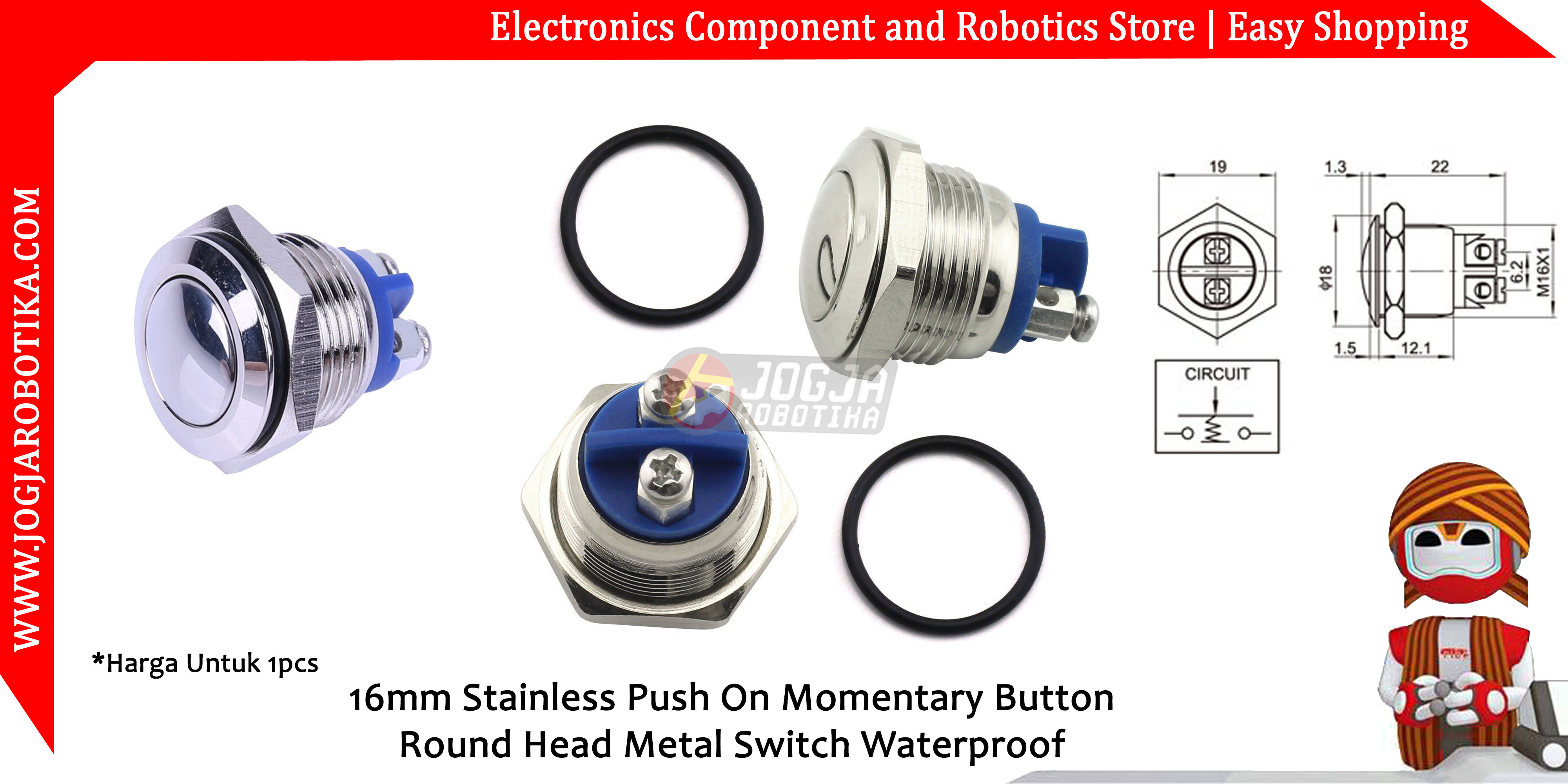 16MM STAINLESS PUSH ON MOMENTARY BUTTON ROUND HEAD METAL SWITCH WATERPROOF