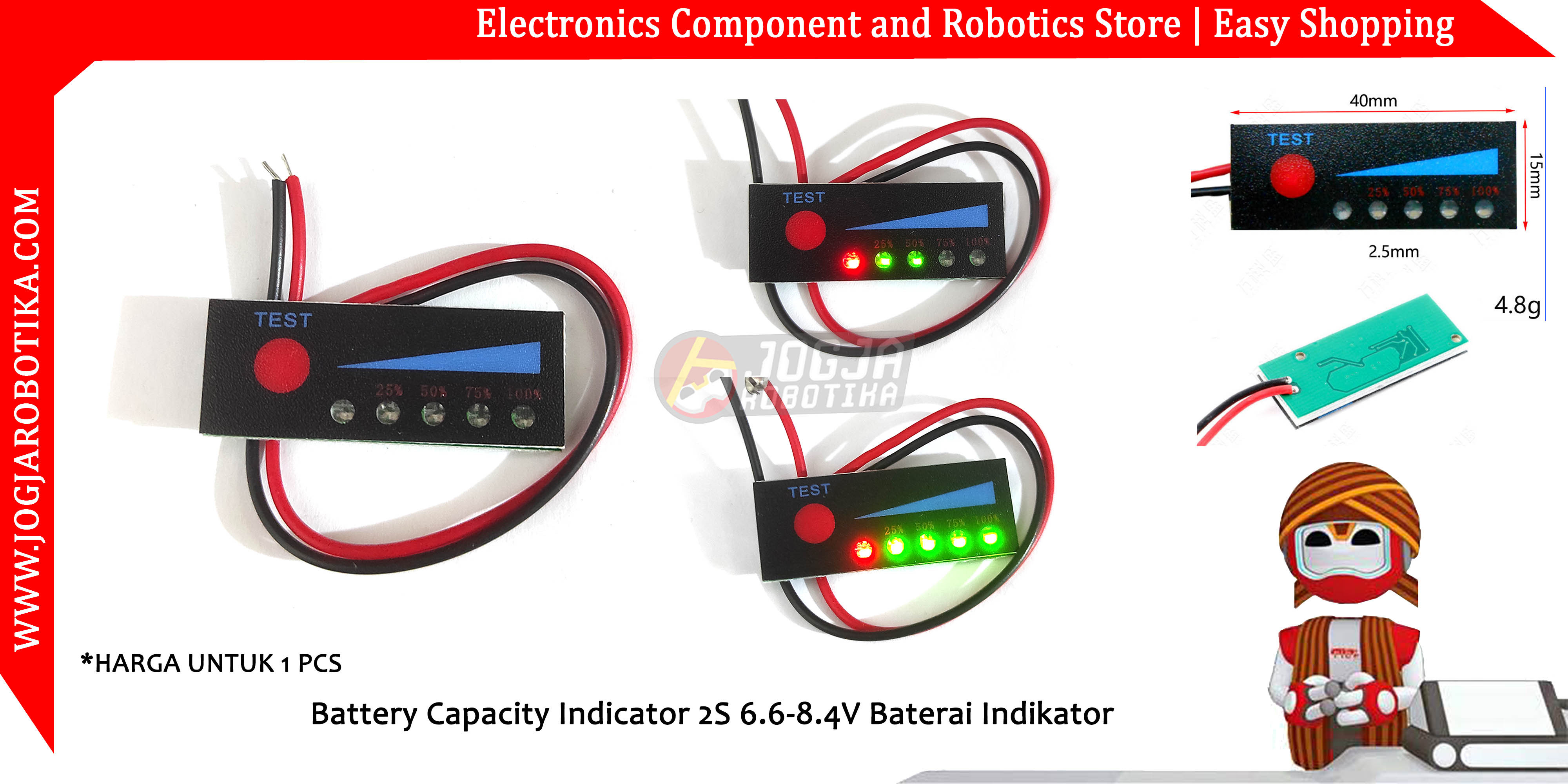 Battery Capacity Indicator 2S 6.6-8.4V Baterai Indikator