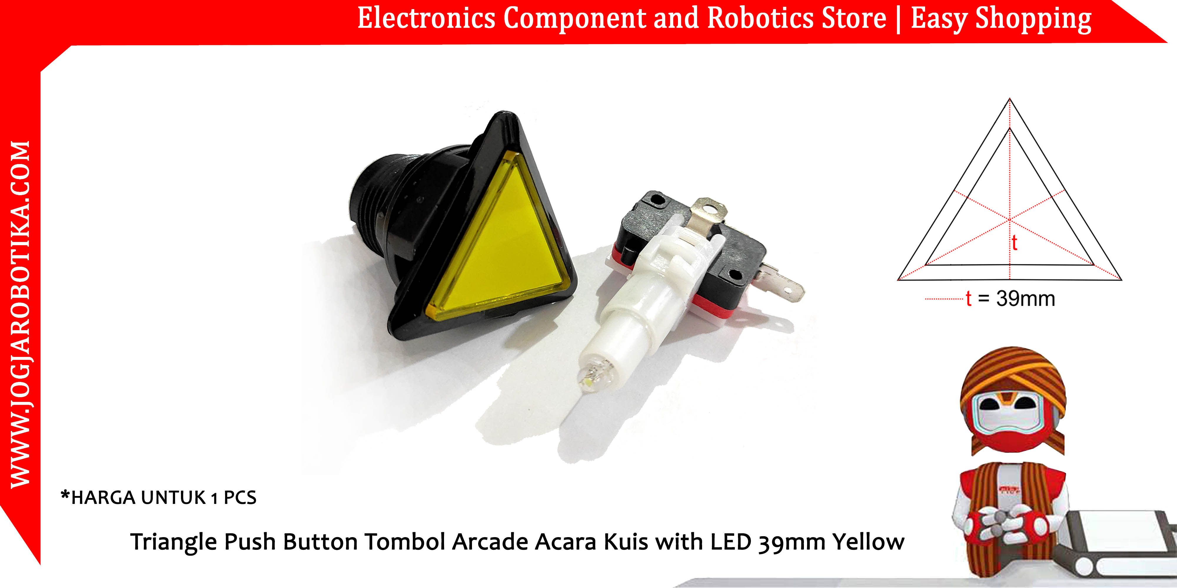 Triangle Push Button Tombol Arcade Acara Kuis with LED 39mm Yellow